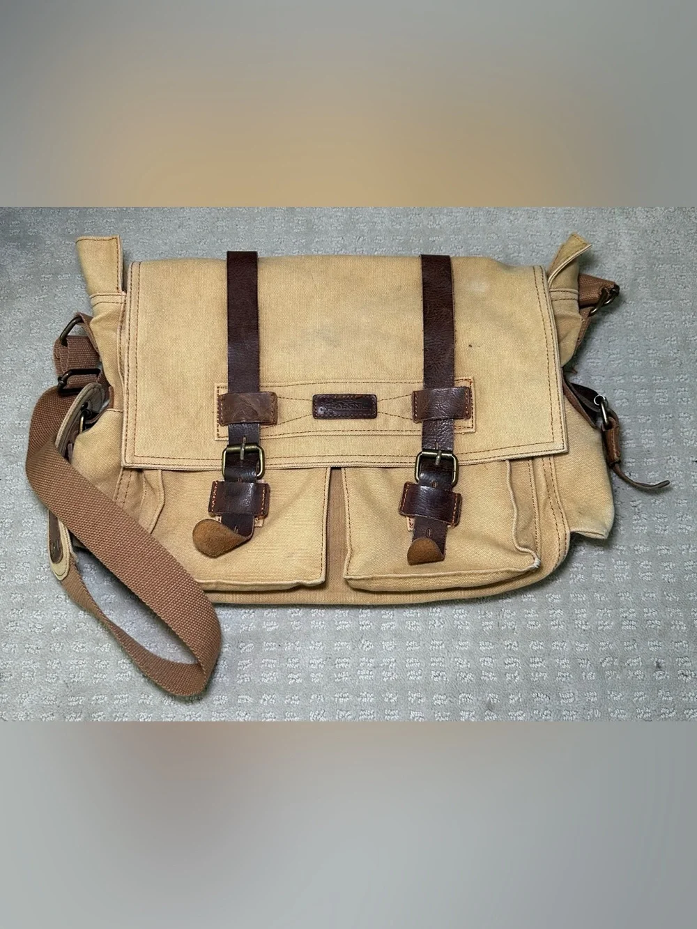 Canvas & Leather Messenger Bag Khaki Brown Crossbody Tab Brown Pockets Zip